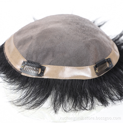 Uniky Stock human hair toupee hair replacement men's wigs lace base with poly around ready for shipment